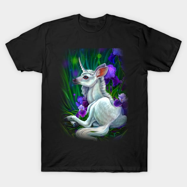 Baby unicorn in irises T-Shirt by Magical Forest